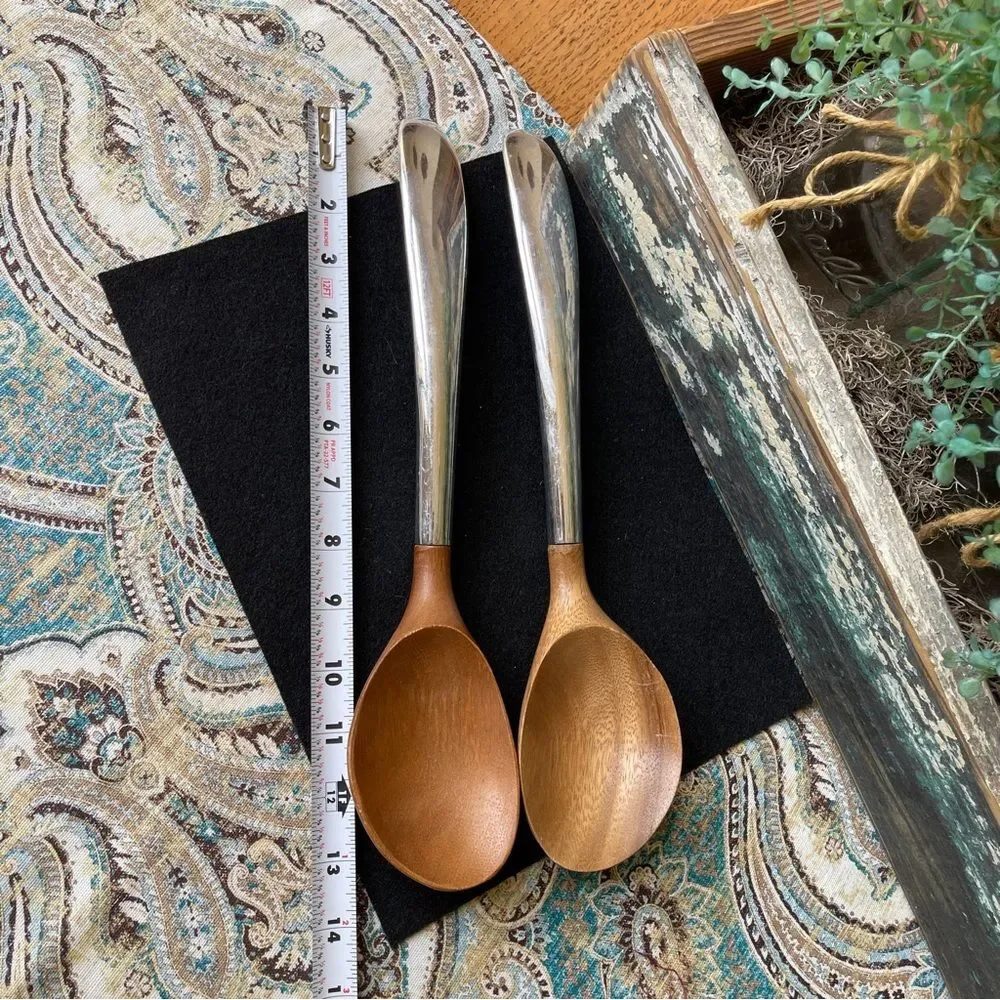 Teak or Acacia stainless serving utensils Salad mid century modernist vtg 70s